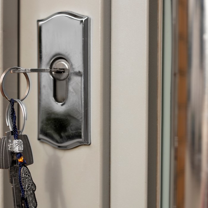 Lever handle lock installed on a commercial office door